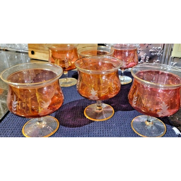 Shrimp Cocktail Chillers Set of 6 Rose Crystal Glasses w 22K Gold Trim & Etched - Picture 12 of 15